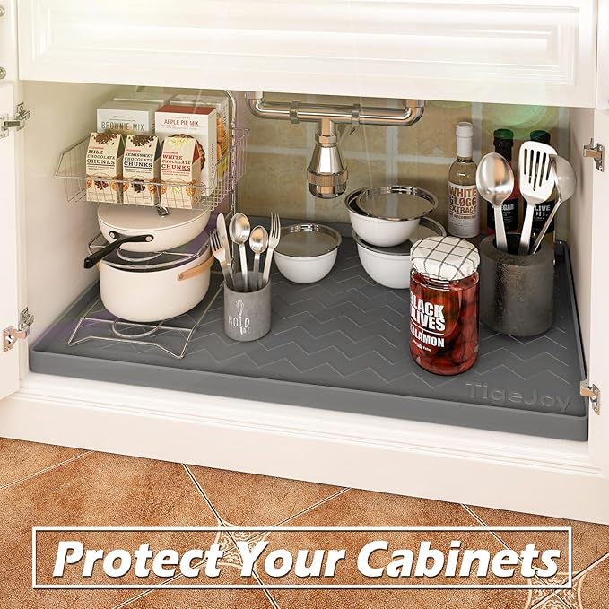 TigeJoy Under Sink Mats for Kitchen Waterproof, Leak-Proof Silicone Mat Sink Protector and Cabinet Liner, Kitchen Essentials Organizer and Storage 31" x 22" Light Grey