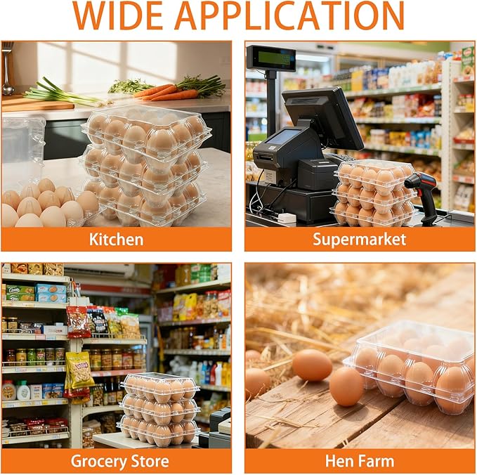 100 Pack 3x4 Plastic Egg Cartons Bulk 12 Count Clear, Reusable Stackable Dozen Chicken Eggs Containers Holders for Storage, Family, Farm Markets and Commercial Display