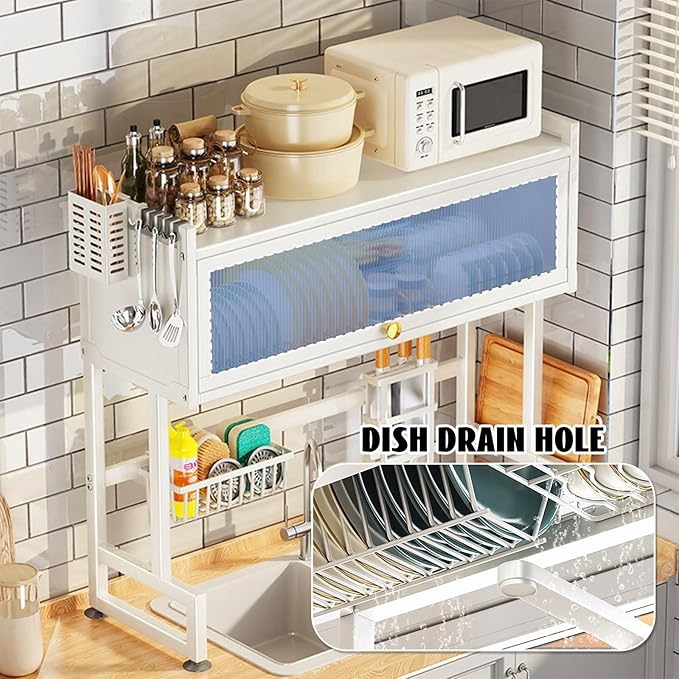 Over Sink Dish Drying Rack 2 Tier Stainless Steel Dish Drainer with Cover and Utensil Holders Large Capacity Space Saving Kitchen Organizer