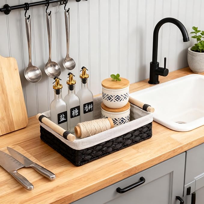 Set of 2 Black Paper Rope Storage Baskets with Wood Handles and Liner – Handwoven Decorative Organizer Bins for Bathroom Vanity, Countertop, Shelf & Small Home Storage