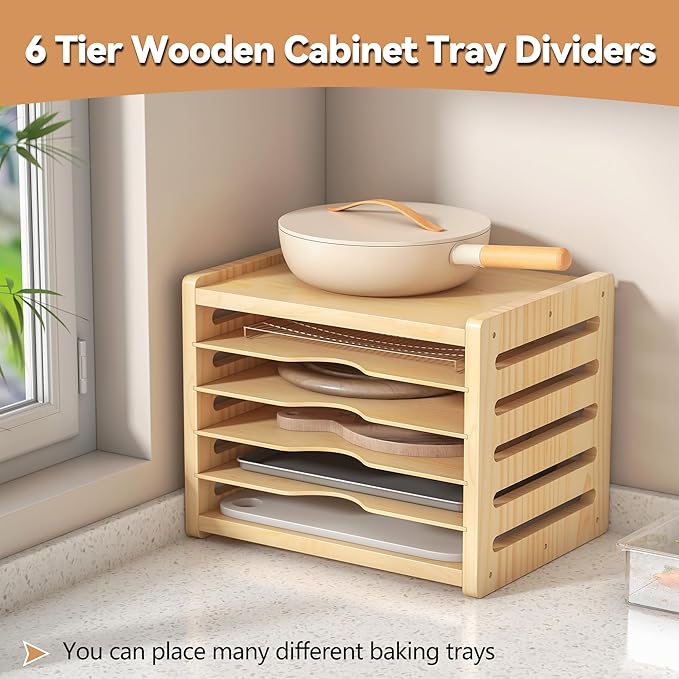 tonchean Wooden Cabinet Tray Dividers 6 Tier Baking Cookie Sheet Organizer Kitchen Vertical Tray Divider Organizer for Pots, Cutting Board, Pans, Kitchen Organizers and Storage