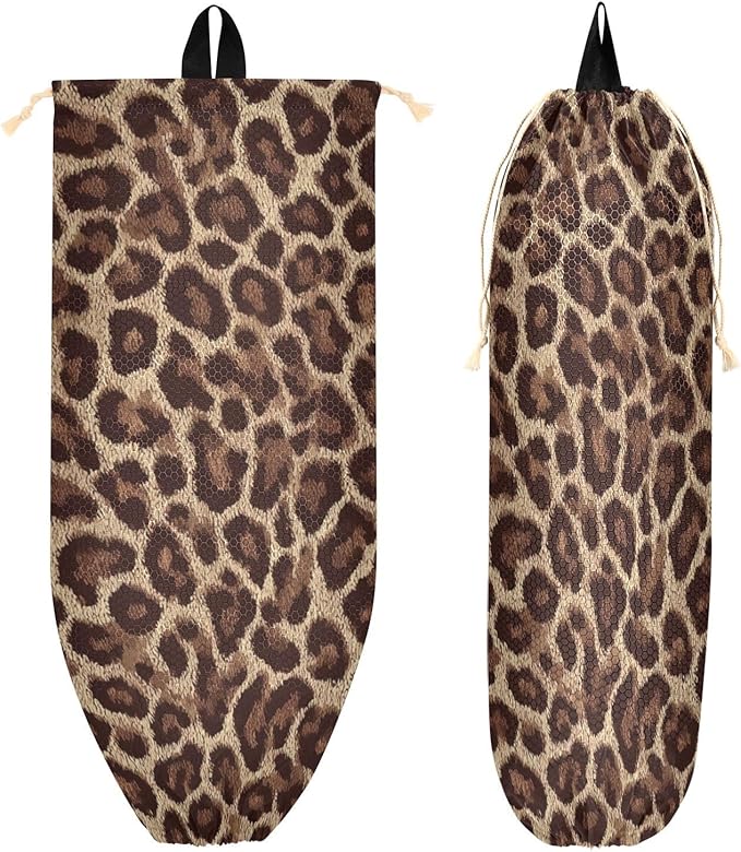 Plastic Bag Holder Wall Mount Grocery Bag Shopping Bag Storage Holder Organizer Dispenser with Adhesive Hook,for Kitchen Bathroom Home Decor 9x22 Inches Classical Leopard Print Brown28