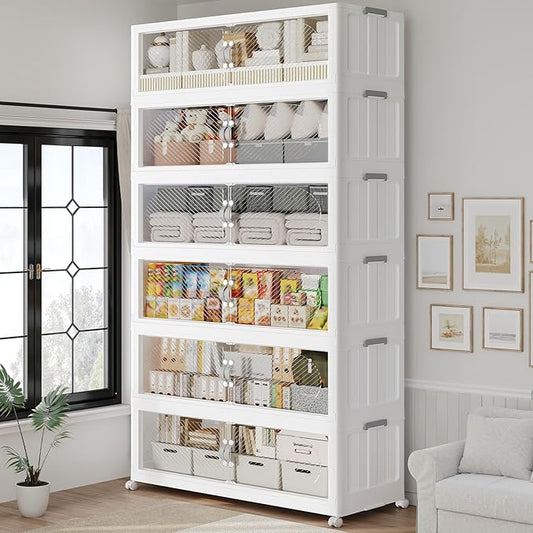 960QT Extra Large Stackable Storage Bins with Lid, 240Gal Plastic Closet Organizers and Storage Drawer, Collapsible Cabinet Box with Wheels Clear Doors for Home Kitchen Office, 6Pack White