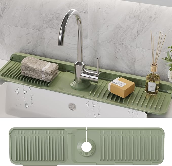 WAFT YEARN 24X5 Inch Silicone Durable Faucet Mat Kitchen Sink Splash Guard Draining Protector Tray Liner Absorbent Protective Counter Accessories For Sink Kitchen Bathroom Laundry Room Bar & RV Green