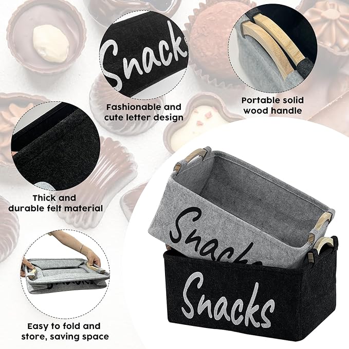 2 PCS Snack Bin Organizer for Pantry, Snack Basket Organizer for Countertop with Wooden Handles Thickened Felt Snack Storage Containers for Storing Chips Pretzels Cookies Popcorn and More