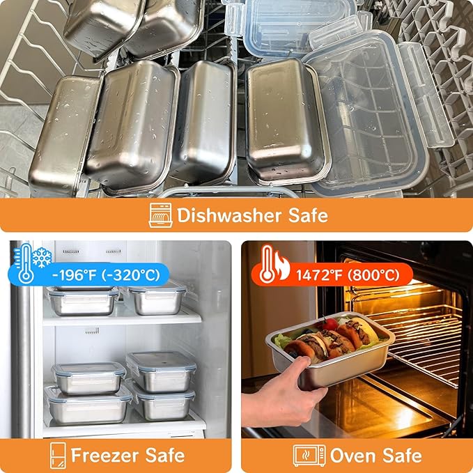 Cykorxicc 8-Piece 304 Stainless Steel Food Storage Containers with Lids, Leakproof & Airtight Bento Lunch Box, Oven/Freezer/Dishwasher Safe,Stackable Kitchen Storage Set