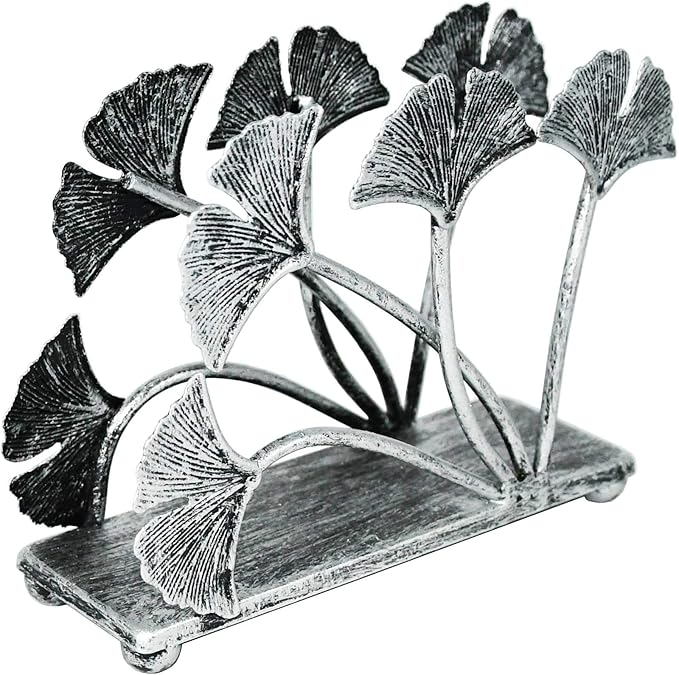 OwlGift Modern Ginkgo Leaves Design Napkin Holder for Tables, Metal Paper Napkin Storage for Kitchen, Stylish Paper Towel Dispenser, Mail Letter Sorter Rack, Document File Organizer – Silver