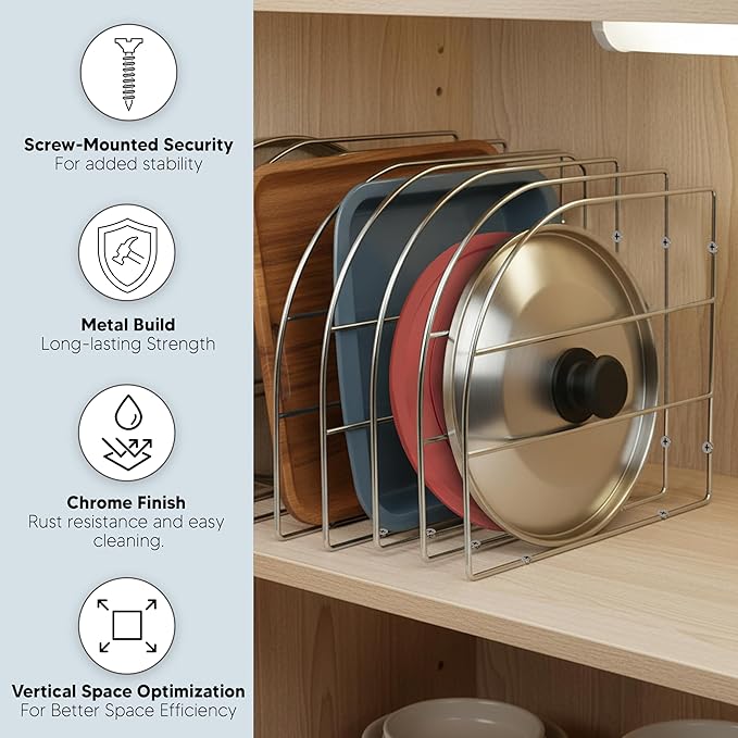 HOLDN’ STORAGE Cabinet Shelf Dividers for Kitchen Organization - Metal Screw-Mounted Shelf Dividers for Wood Cabinets & Shelves - 6 Pack