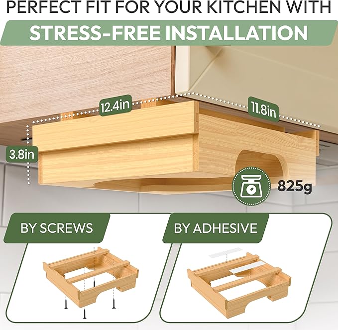 10 inch Paper Plate Dispenser Holder Bamboo Under Cabinet Vertical Rack for Kitchen Countertop Organizer Space Saver Shelf Lid Holder Counter Storage Can Dispenser Pantry Aid Caddy Estante