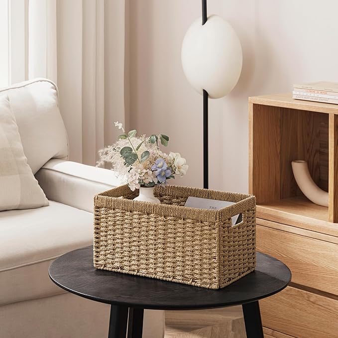 joybest Medium Wicker Baskets, Woven Paper Rope Storage Baskets for Organizing, Rectangular Storage Bins for Shelves with Handles for Pantry, 13.4L x 8.3W x 7.1H inch, 2-pack Natural