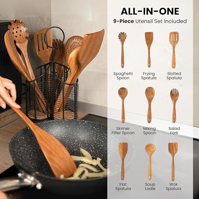 360° Rotating Utensil Holder with 9-Piece Acacia Wood Utensil Set - 100% Plastic-Free Kitchen Organizer - Large 3 Compartment Metal Countertop Crock for Spatulas & Cooking Tools (Black)
