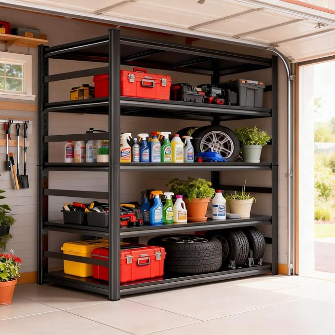 Heavy Duty Garage Shelving, 87" H x 47.2" W x 23.6" D, 3000 lbs Load Capacity, Sturdy Steel Metal Shelves for Storage, Industrial Black 5-Tier Shelving Rack for Garage, Basement, and Workshop
