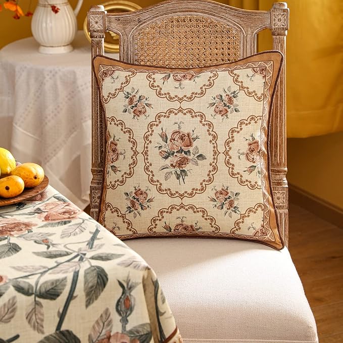 patdrea Designer Vintage Floral Throw Pillow Covers for Couch,Brown Yellow Linen Pillowcases with Bird and Rose Pattern, Decorative Square Cushion for Bed Living Room Outdoor Cafe Car,18"x18"