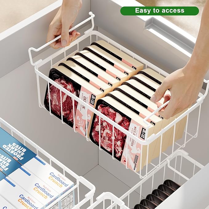 lonpute 3 Pack Stackable Wire Storage Baskets With Tag, Freezer Organizer Bins for Most 7 Cu.FT Freezer Sort Frozen Meats, Deep Freezer Organizer Bins with Handle Add Space Easy Reach, White