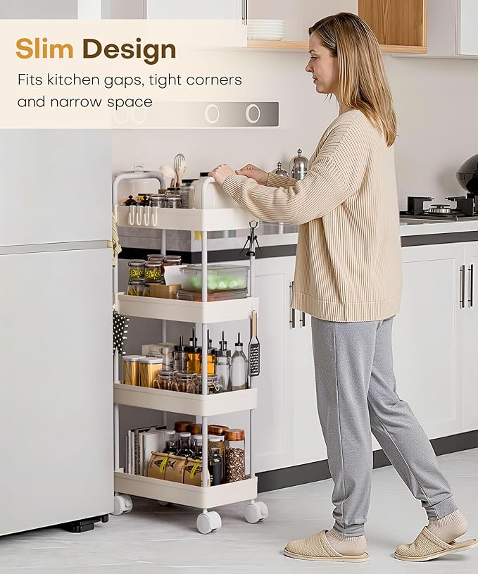 Homde Slim Rolling Cart for Kitchen: 4-Tier Space-Saving Narrow Floor Organizer - 37.4in Tall Vertical Storage for Bottles & Jars - Locking Wheels 8 Hooks for Hang & Grab