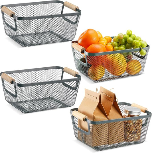 4 Pcs Metal Wire Basket with Wooden Handles Mesh Steel Storage Organizer Bin Containers for Home Organizing Cabinet Pantry Closet Kitchen Fridge Fruit Makeup Snacks Gifts(Small,Dark Gray)