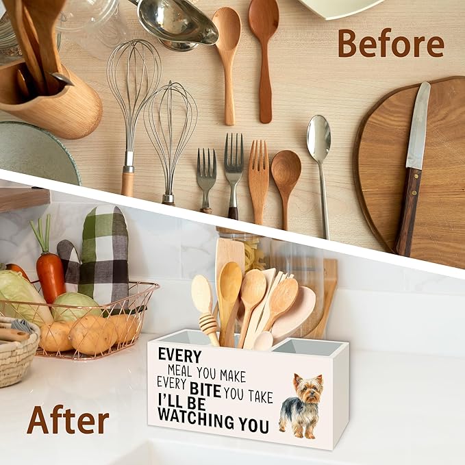 Yorkshire Terrier Dog Kitchen Utensil Holder for Countertop, Dog Decorative Lover Gifts, Funny Every Meal You Make Every Bite You Take Wooden Utensil Holder Organizer for Kitchen Table Decor