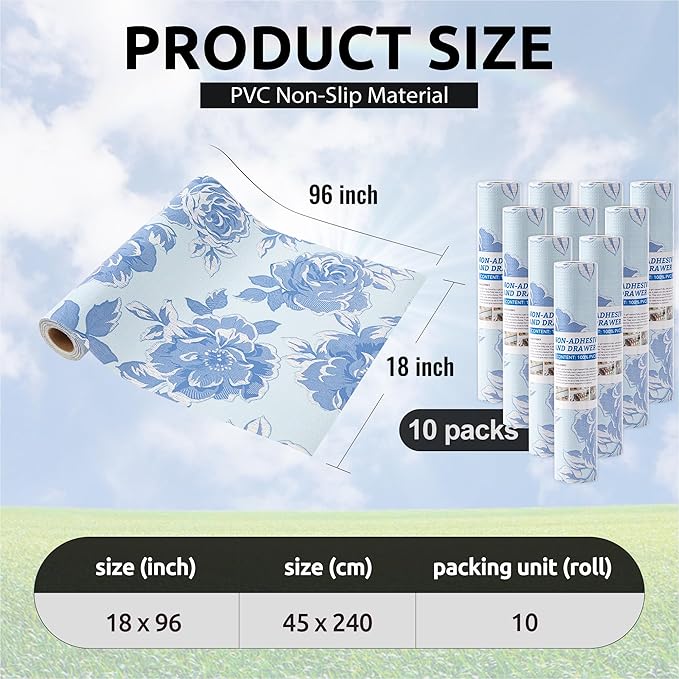 FIFTY FEET 18X96 Inch Shelf Liner for Kitchen Cabinets, PVC Drawer Liner for Dresser Non-Slip Bathroom, Non-Adhesive Cabinet Liner Washable (Blue Flower)(10 Roll)