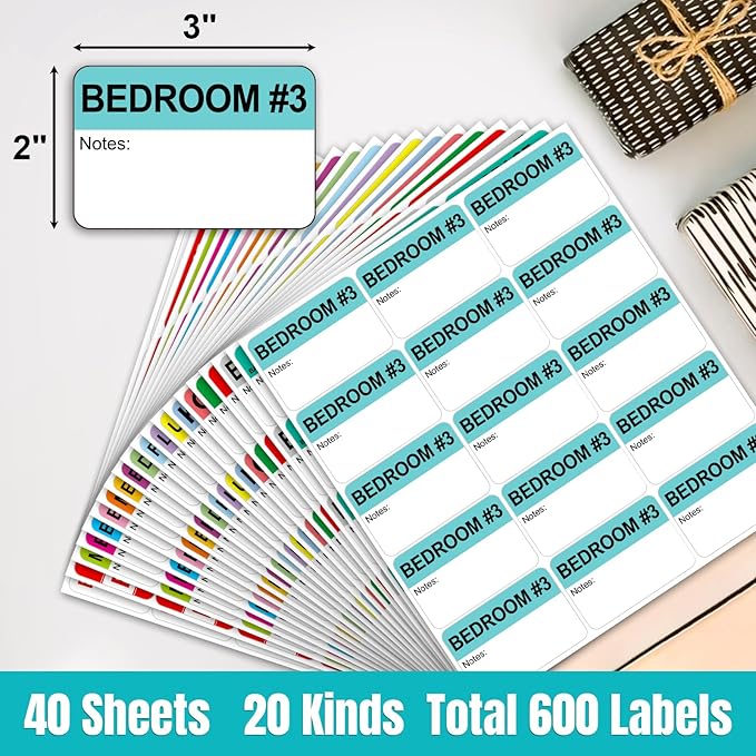 Kingtac 600 Writable Home Moving Stichers - 2' x 3', 20 Color-Coded Home Moving Packing Labels with Fragile, Extra, Heavy Options.Stick to Cardboard Boxes and Plastic Bins, No Extra Tape Needed