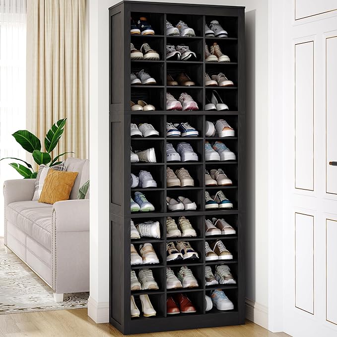 Shoe Storage Cabinet, 36 Pairs Free Standing Closet Organizer, 9 inch Widened Cell Wood Shoe Organizer, 12 Tiers Vertical Space Saving Shoe Rack for Entryway, Cloakroom, Black SR20704X
