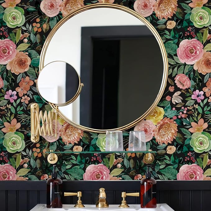JiffDiff Dark Floral Peel and Stick Wallpaper 236.22" L x 17.7" W Black Watercolor Flower Wallpaper Wall Decor Wallcovering Wall Mural Cabinet