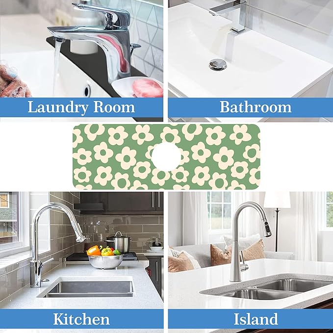 Faucet Mat Splash Guard Groovy Flower Silhouette, Soft Diatom Mud Material, Strong Water Absorption, Non-slip,Easy to Clean for Bathroom, Kitchen 15"X5.5"