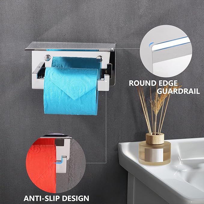 LANC Chrome Toilet Paper Holder with Shelf, Adhesive or Screw Toilet Paper Roll Holder with Shelf for Bathroom Washroom Wall Mount, Stainless Steel Tissue TP Holder Silver, A8367CP