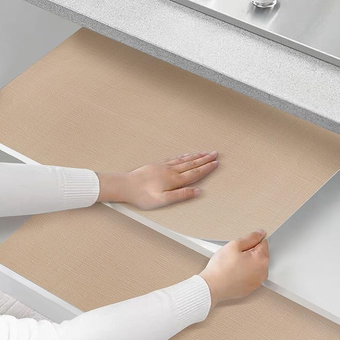 Shinlendid Shelf and Drawer Liner for Kitchen Cabinets Non-Adhesive, Strong Grip Non-Slip Thickened Cabinet Liners for Shelves, Waterproof Mats for Dresser Cupboard, Khaki, 17 in x 30 Feet