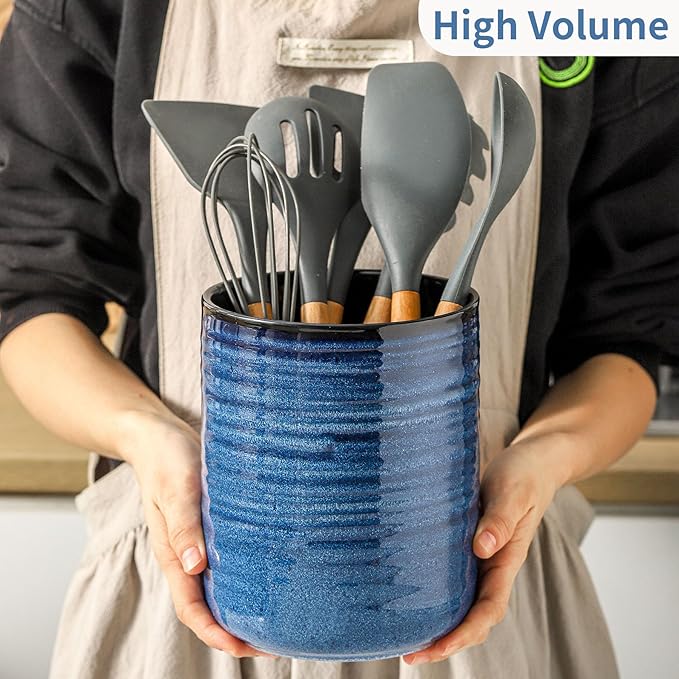 HASENSE Utensil Holder, 7.4” + 5.4” Ceramic Cooking Utensil Crock for Kitchen Counter, 2 Pack Utensil Caddy Utensil Organizer for Spatula and Spoon Kitchen Decor, Navy Blue