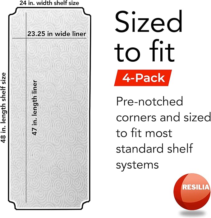 RESILIA Shelf Liner Set for Wire Shelving Units – 4 Pack, 24 Inches x 48 Inches, Clear Swirl Spiral Pattern, Anti-Slip, Heavy Duty, Made in The USA, for Kitchen, Bathroom, Garage Storage, Made in USA