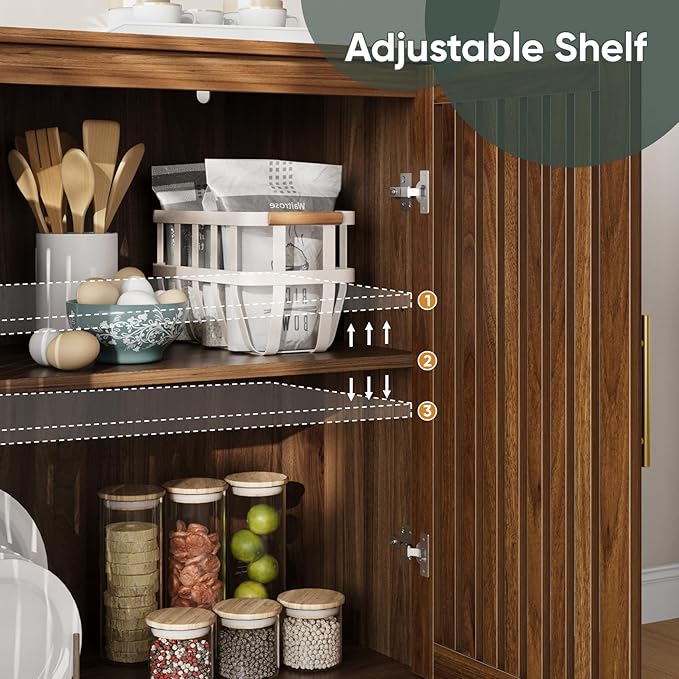 63" Long Sideboard Buffet with 4 Slatted Doors, Farmhouse Buffet Storage Cabinet with Adjustable Shelf, Coffee Bar Cabinet for Entryway, Kitchen, Dining Room, Living Room, Walnut Color