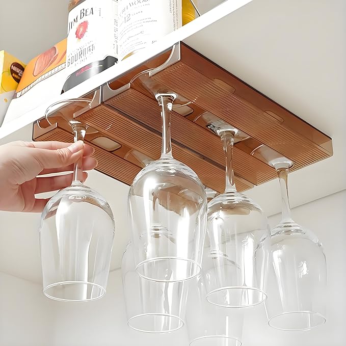Wine Glass Holder,Under Shelf Cabinet Wine Glass Rack, Plastic Stemware Rack,Glassware Drying Storage Hanger for Kitchen,Bar and Restaurant (Brown)