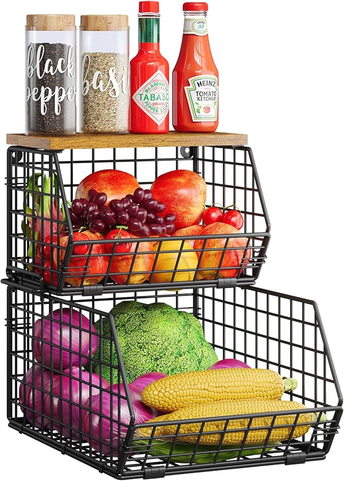 Stackable Fruit Basket for Kitchen Counter, 2 Tier Wire Baskets with Wooden Lid Top, Vegetable Storage Organizer Bins, Wall Mountable Pantry Baskets for Produce, Onion, Potato, Black