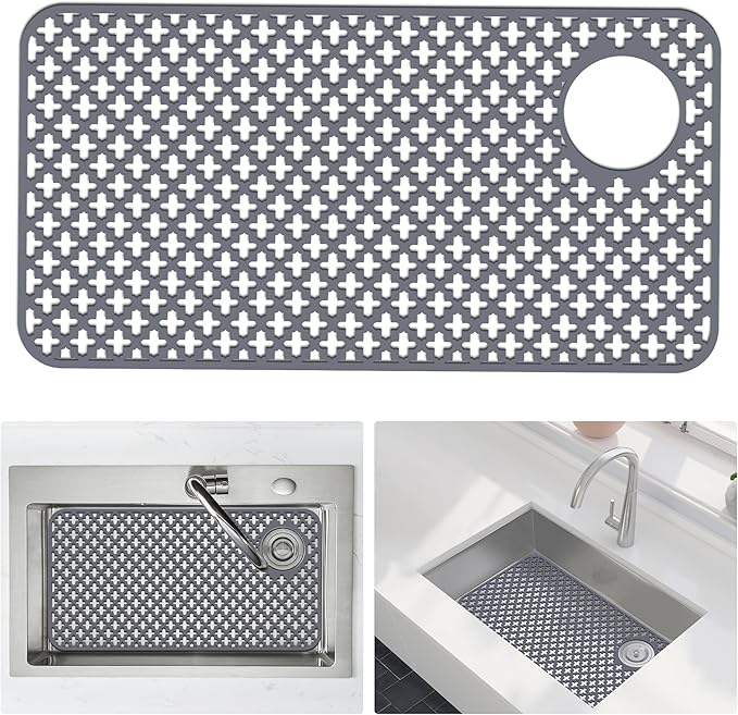 Flytime Silicone Kitchen Sink Protector Mat with Right & Left Drain, 28.35"x 14.37" Kitchen Snk Grid Accessory, Non-Slip Folding Heat-Resistant Mat for Bottom of Farmhouse Stainless Steel