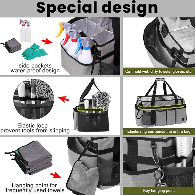 Timoxi Extra large Cleaning Caddy Bag Built-in Sturdy Support Board, Cleaning Organizer with Detachable Divider, Cleaning Supply Tote with Adjustable Shoulder Strap (Grey, 19'' x 11'' x 11'')
