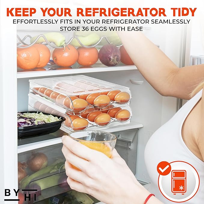 36 Eggs Holder for Fridge - Automatic 2 Tier Egg Organizer for Space-Saving and Fresh Storage - BPA Free