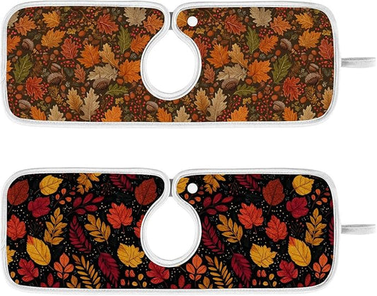 2 PCS Kitchen Sink Splash Guard 14.9 Inch Faucet Mat for Kitchen Sink Bathroom Sink Faucet Absorbing Drip Drain Mat Pad Microfiber Soft Washable Brown Autumn Maple Leaves
