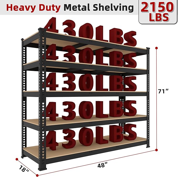 5 Tier Garage Storage Shelves - 48" W x 18" D x 71" H Heavy Duty Adjustable Shelving Unit, Metal Organizer Utility Rack for Basement, Pantry, Kitchen, Black