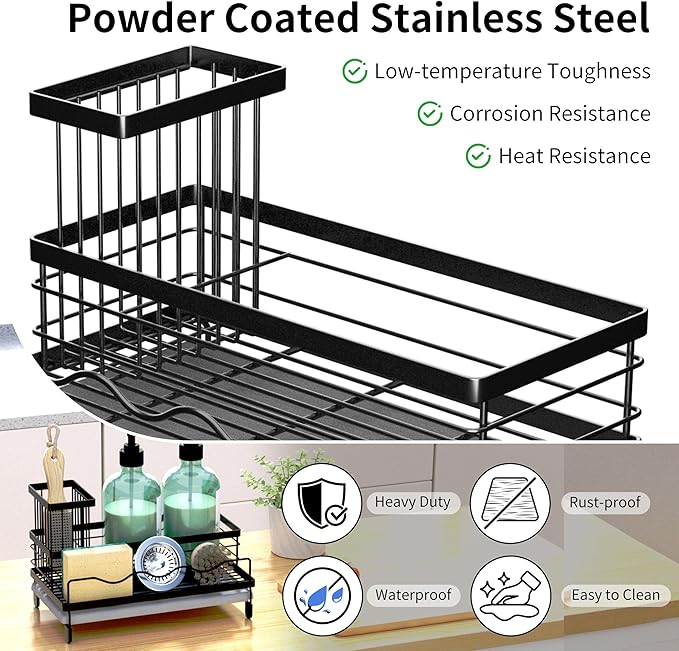 Sink Caddy, Kitchen Sink Organizer with Sponge Holder and Stone Drying Mat, Quick Drying, Stainless Steel Kitchen Caddy Organizer for Sponges, Brushes & Soap