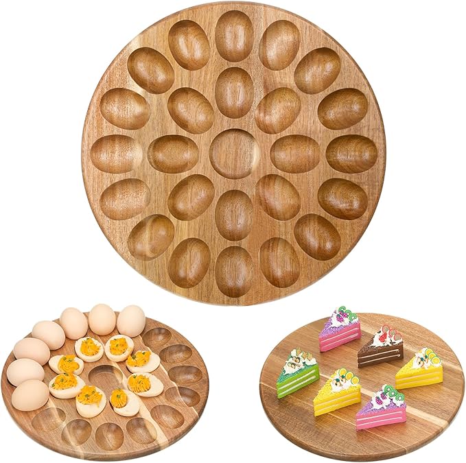 Lounsweer Reversible Wood Deviled Egg Platter and Charcuterie Board Thicken Tray Countertop Refrigerator Chicken Egg Containers Carrier for Easter Christmas(Acacia Wood)