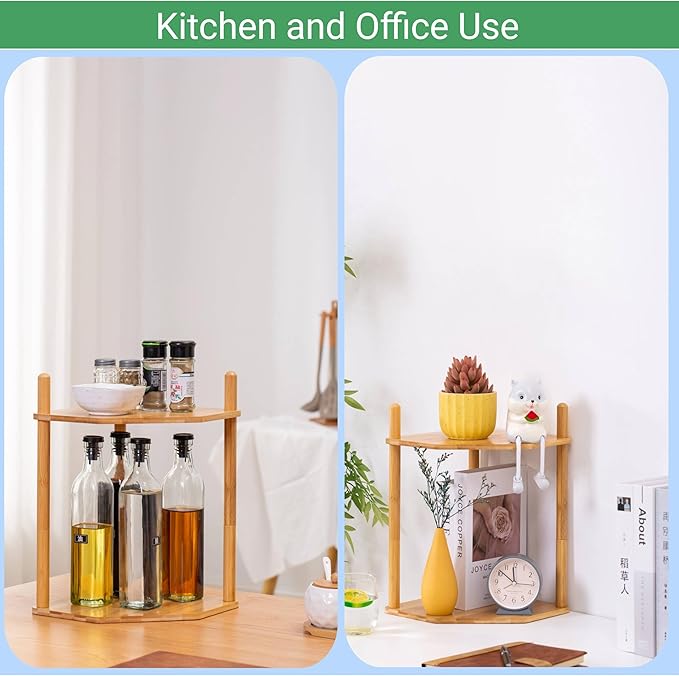 2-Tier Expandable Bamboo Corner Shelf - Dish/Plate Organizer for Cabinet, Kitchen Counter Shelf & Small Kitchen Shelf, Adjustable(1, 11.4" H)