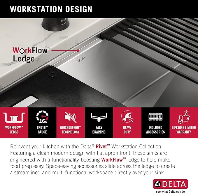 DELTA FAUCET Rivet 36-inch Workstation Farmhouse Apron Front Kitchen Sink Undermount 16 Gauge Stainless Steel Single Bowl with WorkFlow Ledge and Kit of 5 Accessories, 95C9031-36S-SS