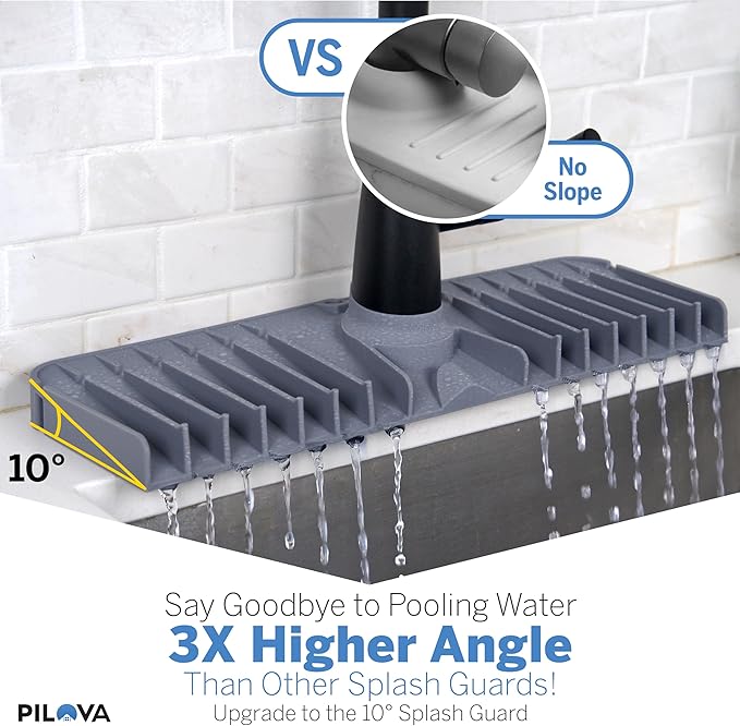 Pilova Premium Kitchen Sink Splash Guard - [18" x 5.7"] Silicone Sink Mat with Secure Clip, 10° Slope Silicone Faucet Mat for Kitchen Sink, Splash Guard Behind Faucet, Non-Slip Secure Fit