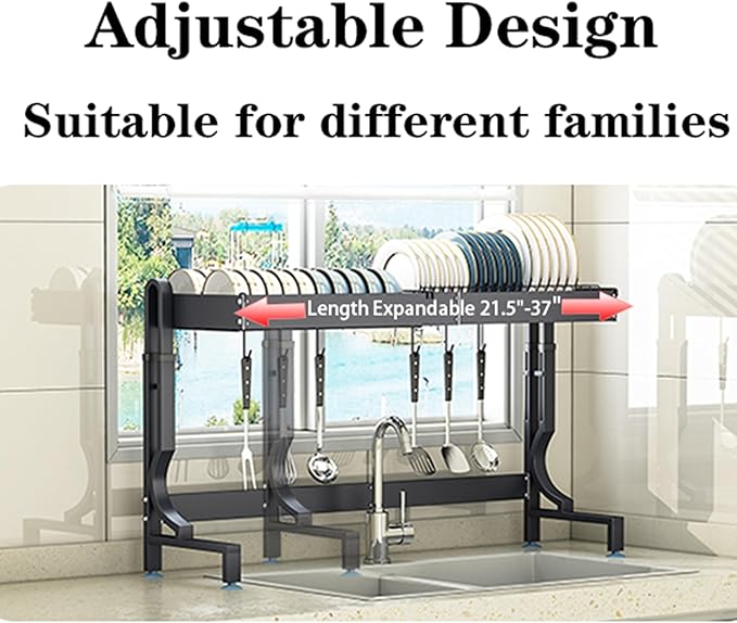 MINGLING Over Sink Dish Drying Rack Kitchen Dish Rack Over Sink Height & Width Adjustable Large Over Sink Dish Drainer Rack Full Stainless Steel (W21.2-37" ~ H18.5-22" Black)