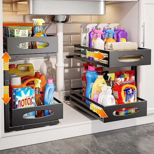 Under Sink Organizer, 2 Tier Under Sink Organizers and Storage, Adjustable Height, Slide Out Metal Cabinet Organizers, Pull Out Cabinet Storage Drawer Shelf for Kitchen Bathroom