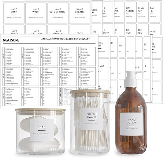 Neatsure 192 Minimalist Bathroom Labels for Organizing, Preprinted Waterproof Bath Beauty Makeup Organization Stickers for Bottles, Dispenser, Bins, Jars and Containers