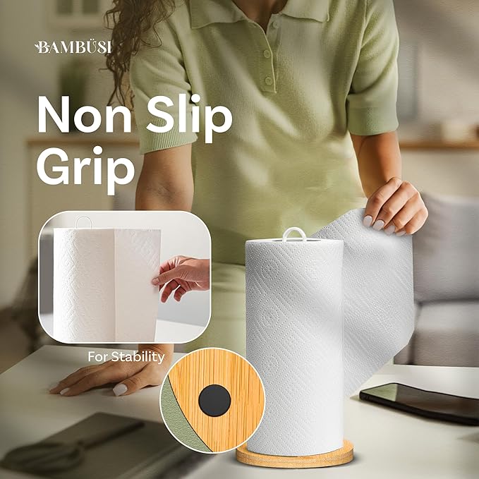 Paper Towel Holder - Wooden Countertop Stand with Non-Slip Wood Base, Minimalistic Modern Style for Kitchen, Home, Office (White)