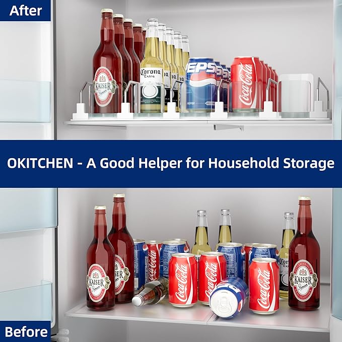 OKITCHEN Drinks Organizer for Fridge and Pantry, Soda Can and Bottle Dispenser for Refrigerator with Automatic Pusher Glide, 5 Rows Holds Up to 25 Cans