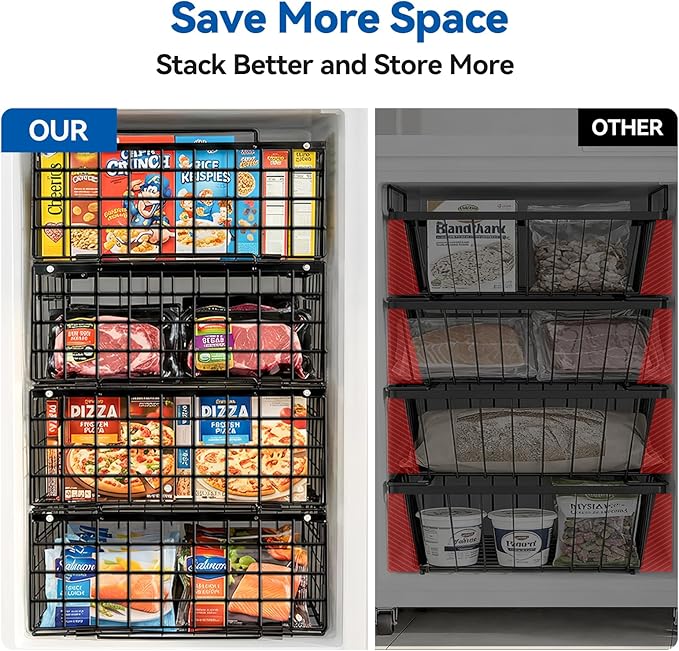 Reinforced Freezer Organizer Bins, 4 Pack Large Stackable Vertical Chest Deep Freezer Storage Containers, Thickened Black Wire Foldable Baskets with Handles