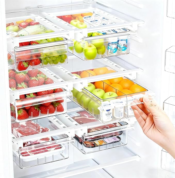 Refrigerator Drawer Organizers, Fridge Drawer Organizer, Pull Out with Handle, Clear Container for Food Drinks, Fit for Refrigerator Shelf Under 0.6 Inch, Easy to Install（1-Pack）
